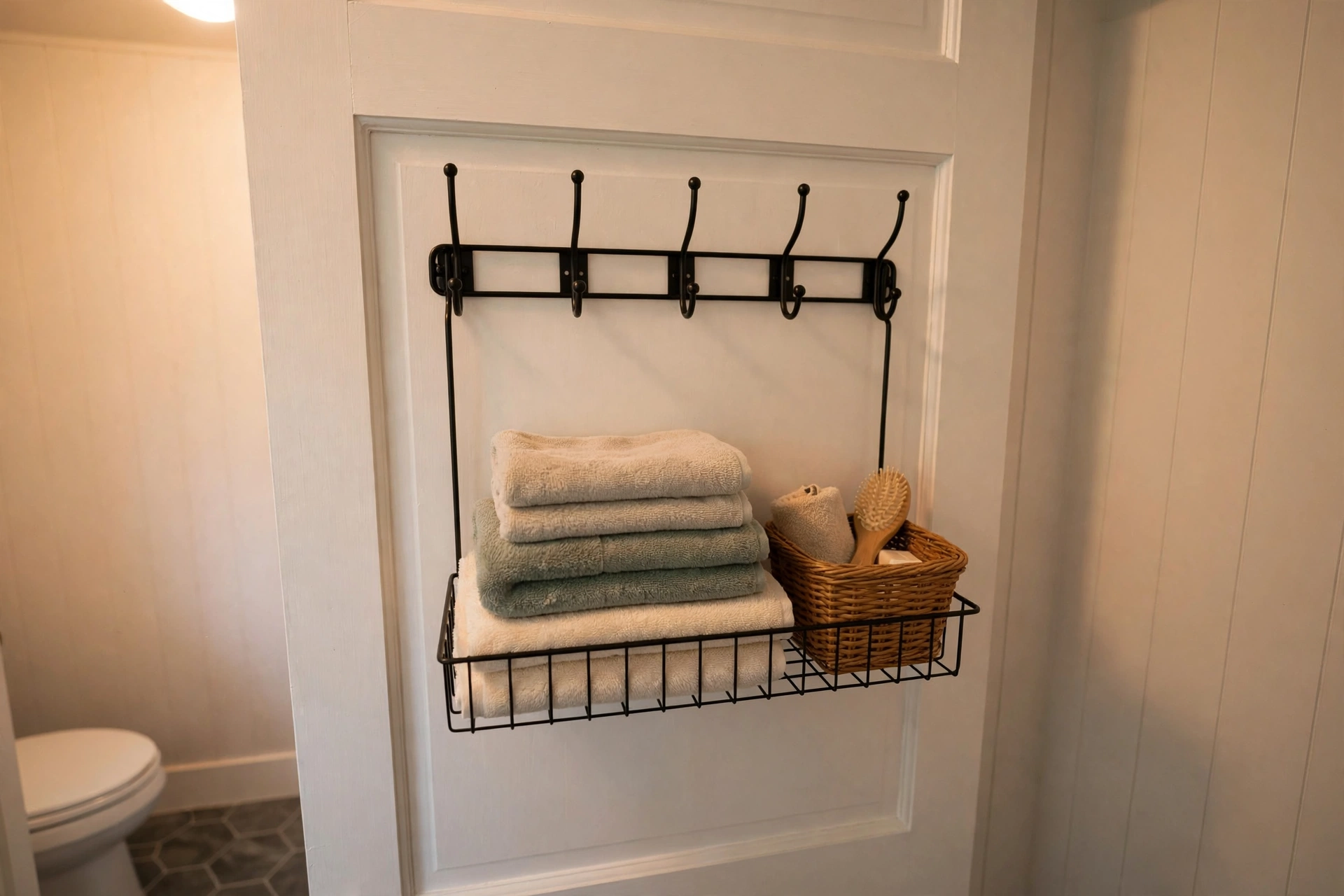 Over-the-door hooks on a bathroom door holding towels