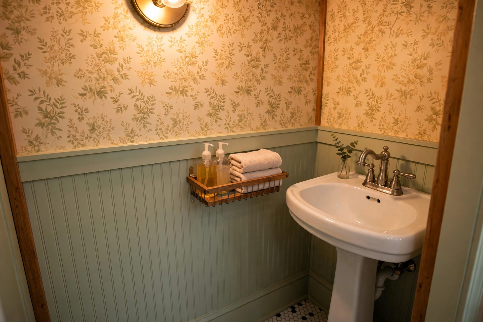 Small shelf beside a pedestal sink holding soap and a towel