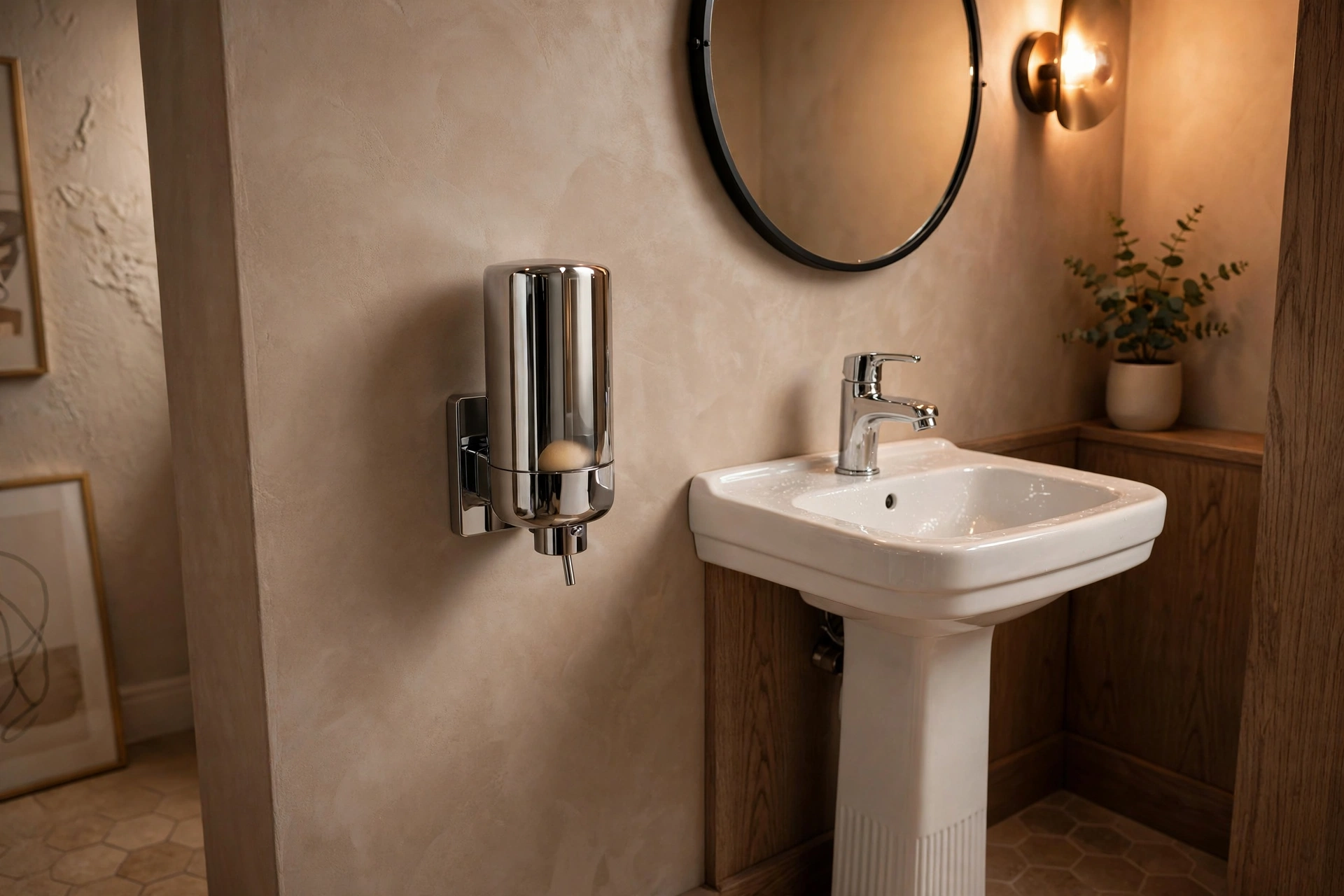 Sleek wall-mounted soap dispenser next to a small sink