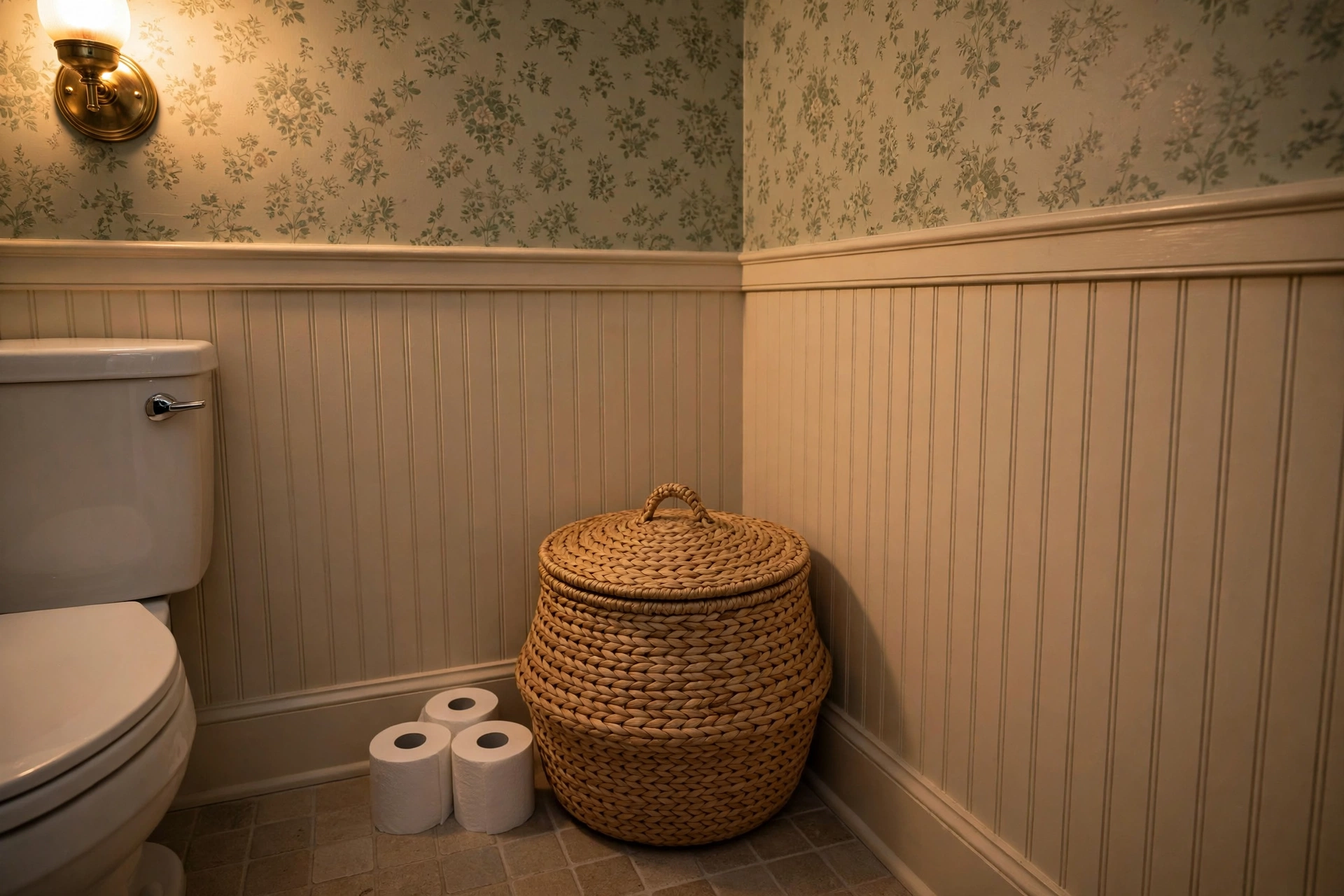 Lidded woven basket with toilet paper rolls in a bathroom corner