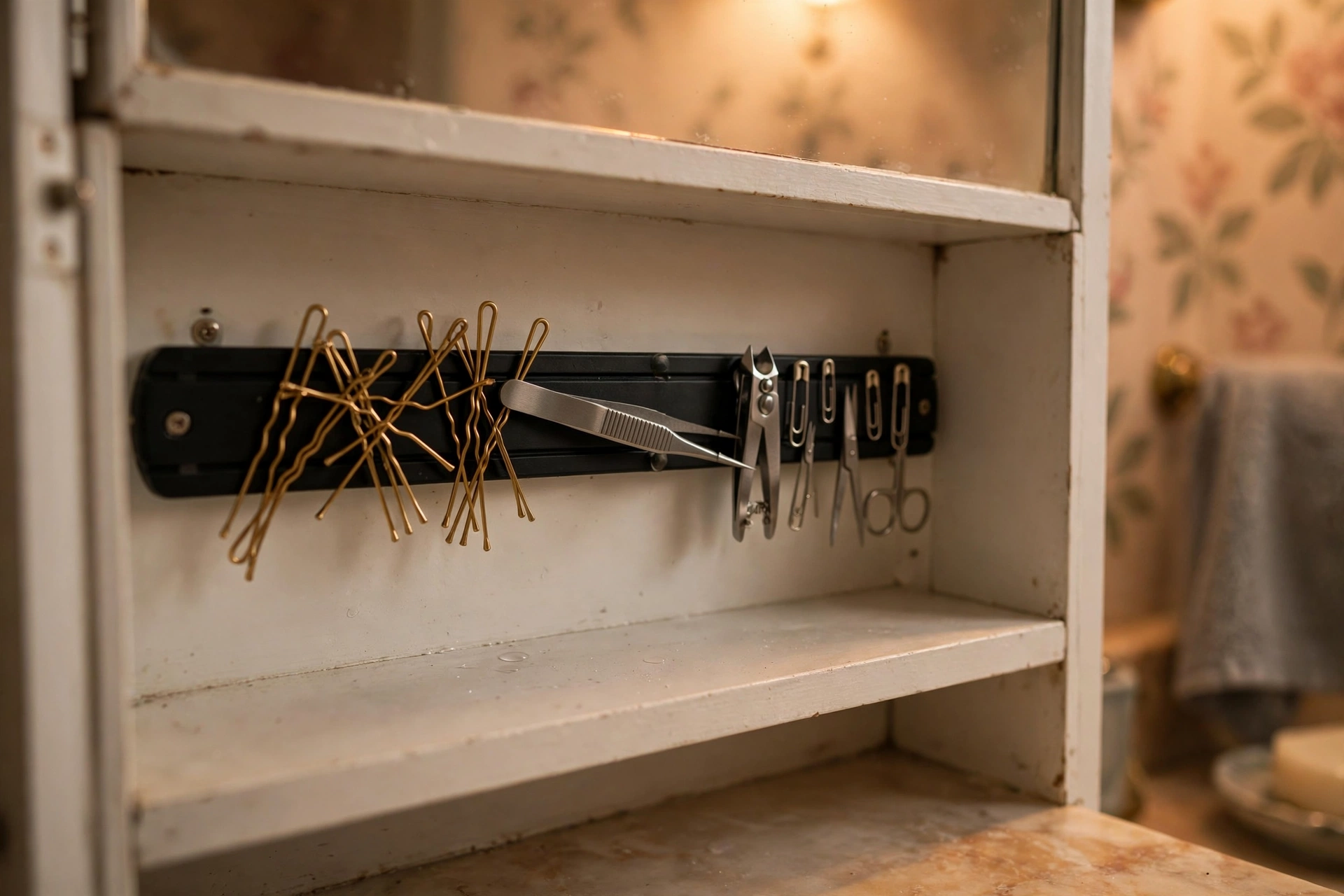 Magnetic strip inside a medicine cabinet holding bobby pins and tweezers