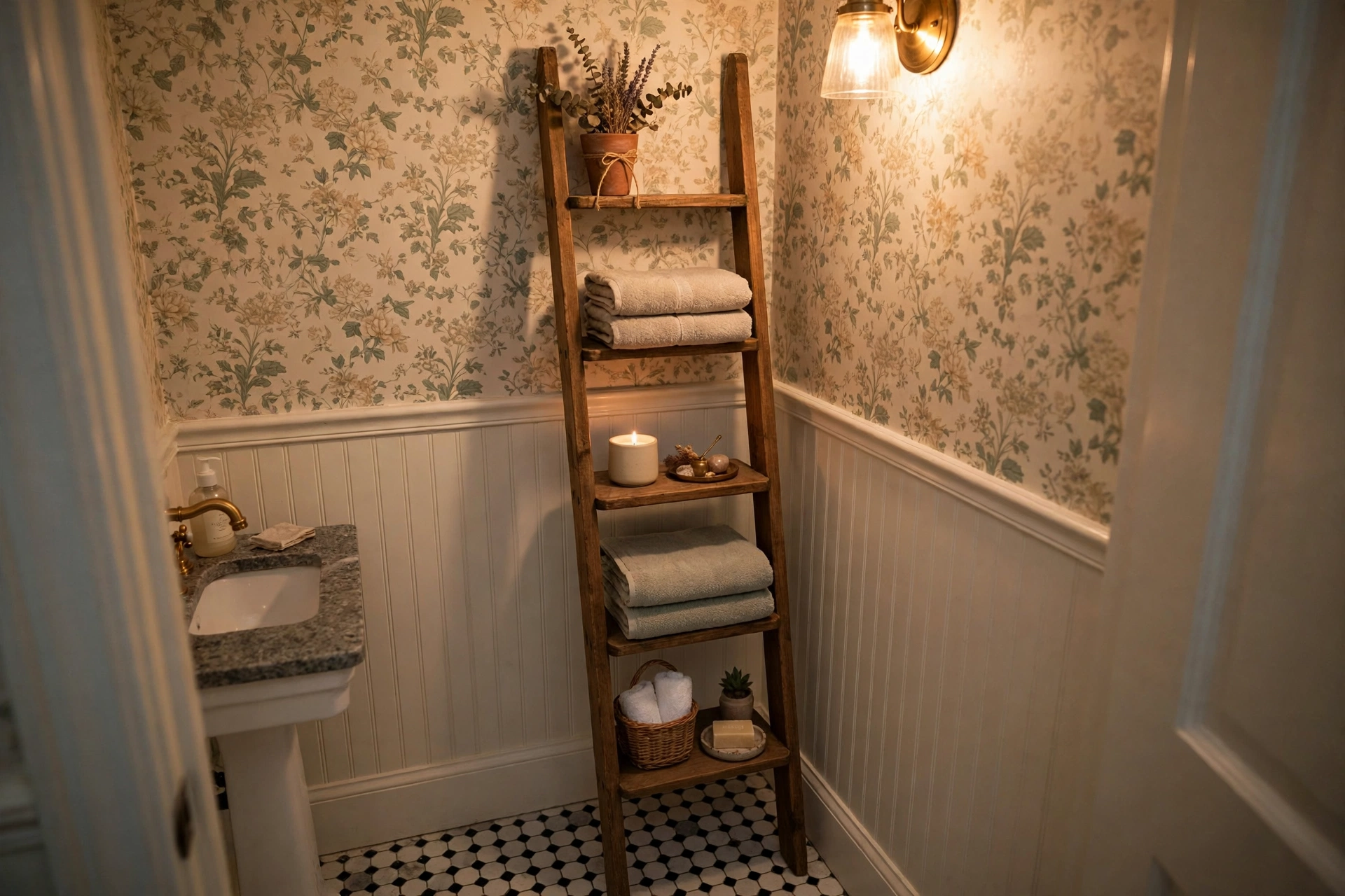 Narrow leaning ladder shelf in a tiny bathroom corner with towels
