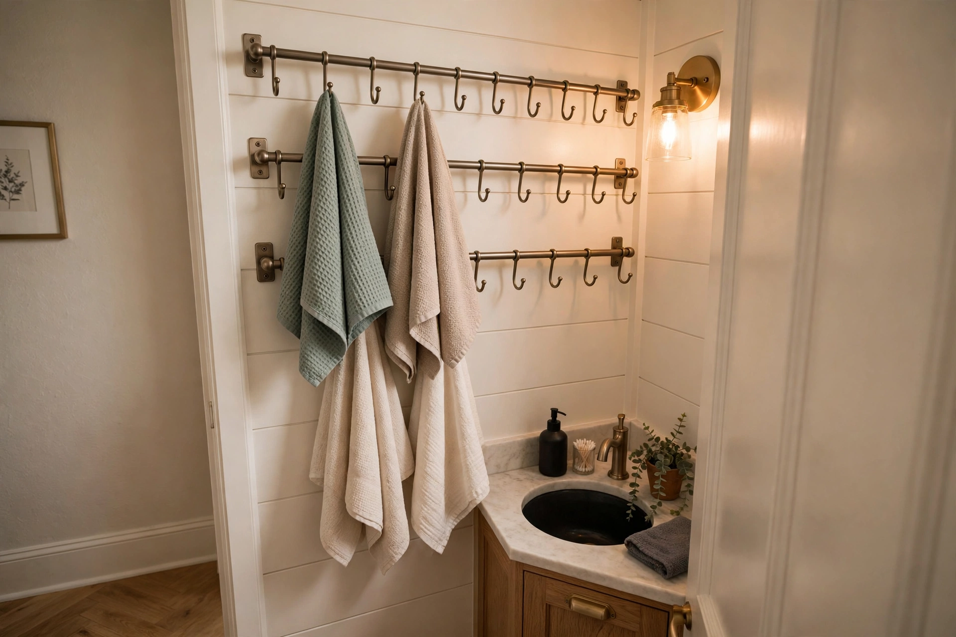 Tiered rail of wall hooks with hand towels in a small powder room