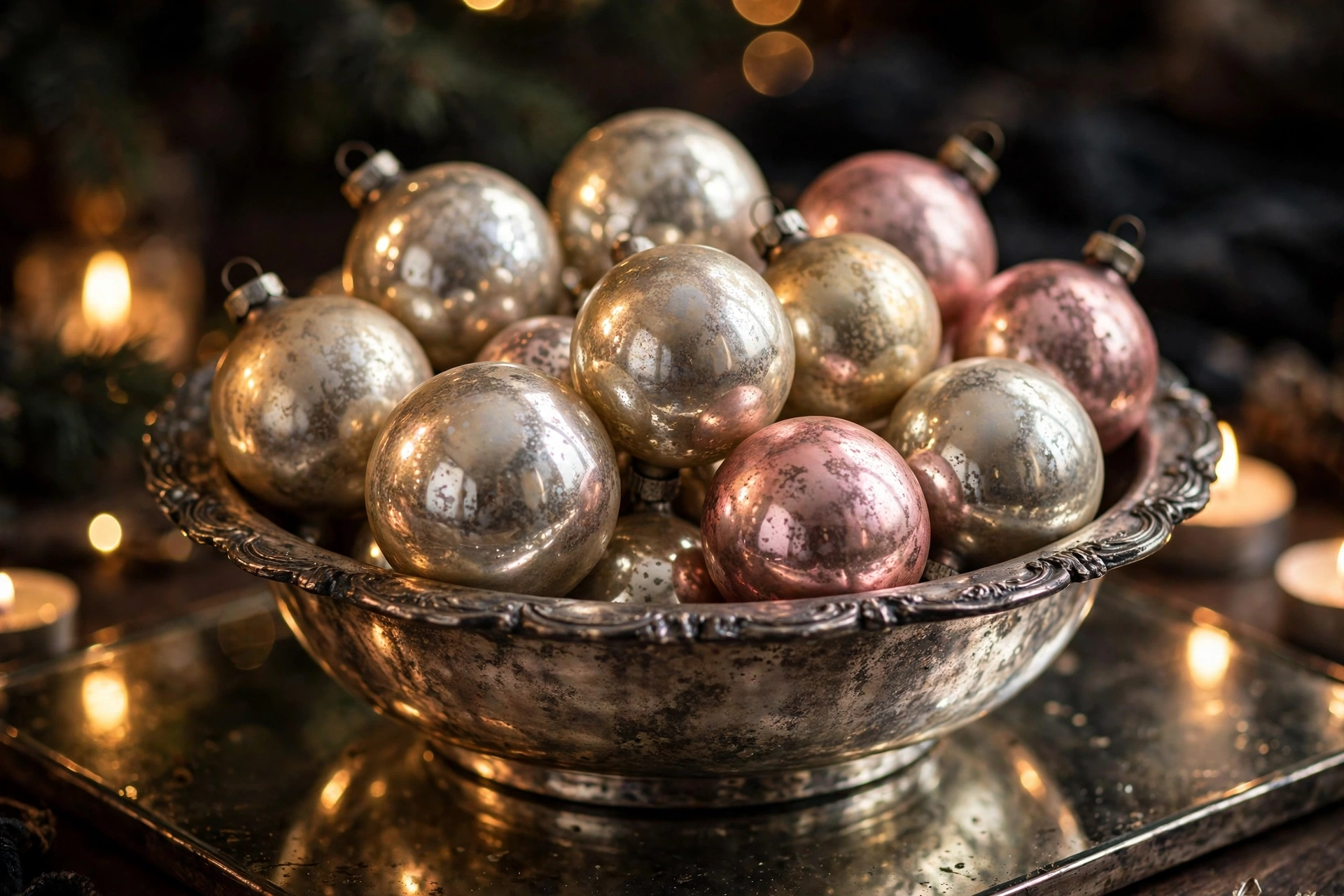 Vintage mercury glass ornaments in champagne, pale gold and dusty rose displayed in a silver bowl