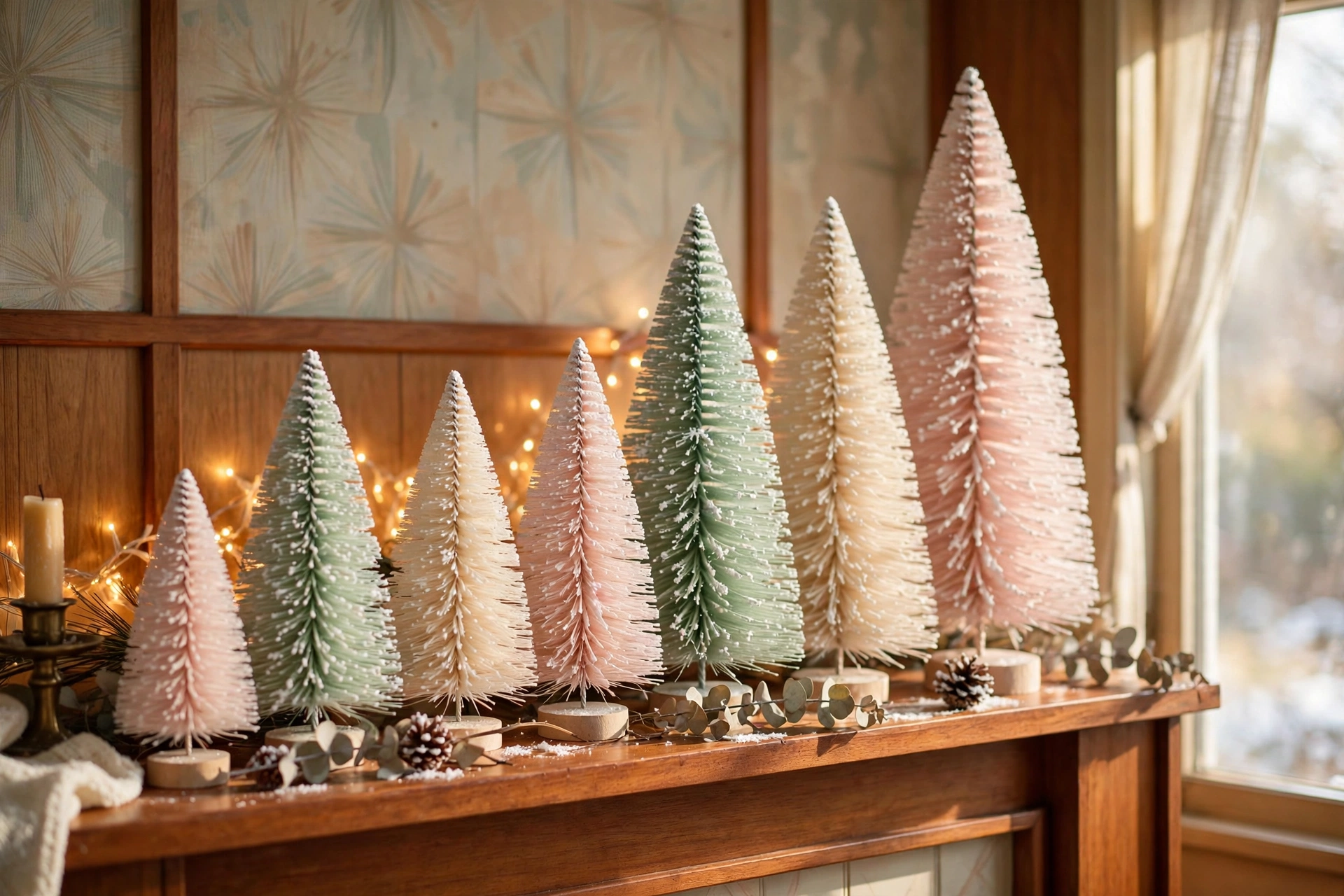 Bottle-brush trees in faded pink and mint green clustered along a mantel