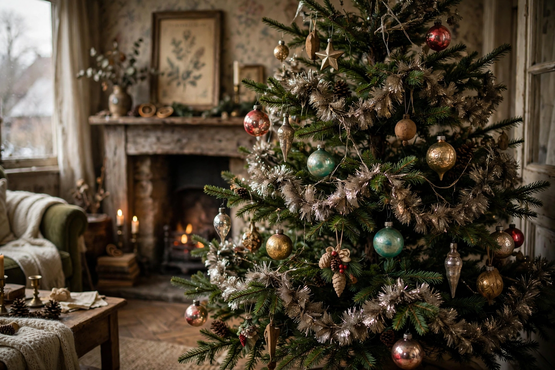 Old-fashioned slightly tarnished tinsel garland draped on a Christmas tree