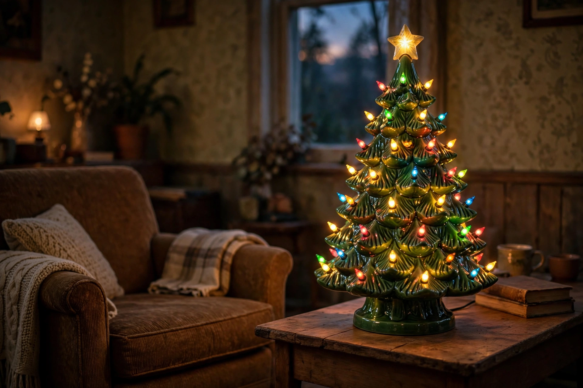 Vintage light-up ceramic Christmas tree with multicolored peg lights glowing