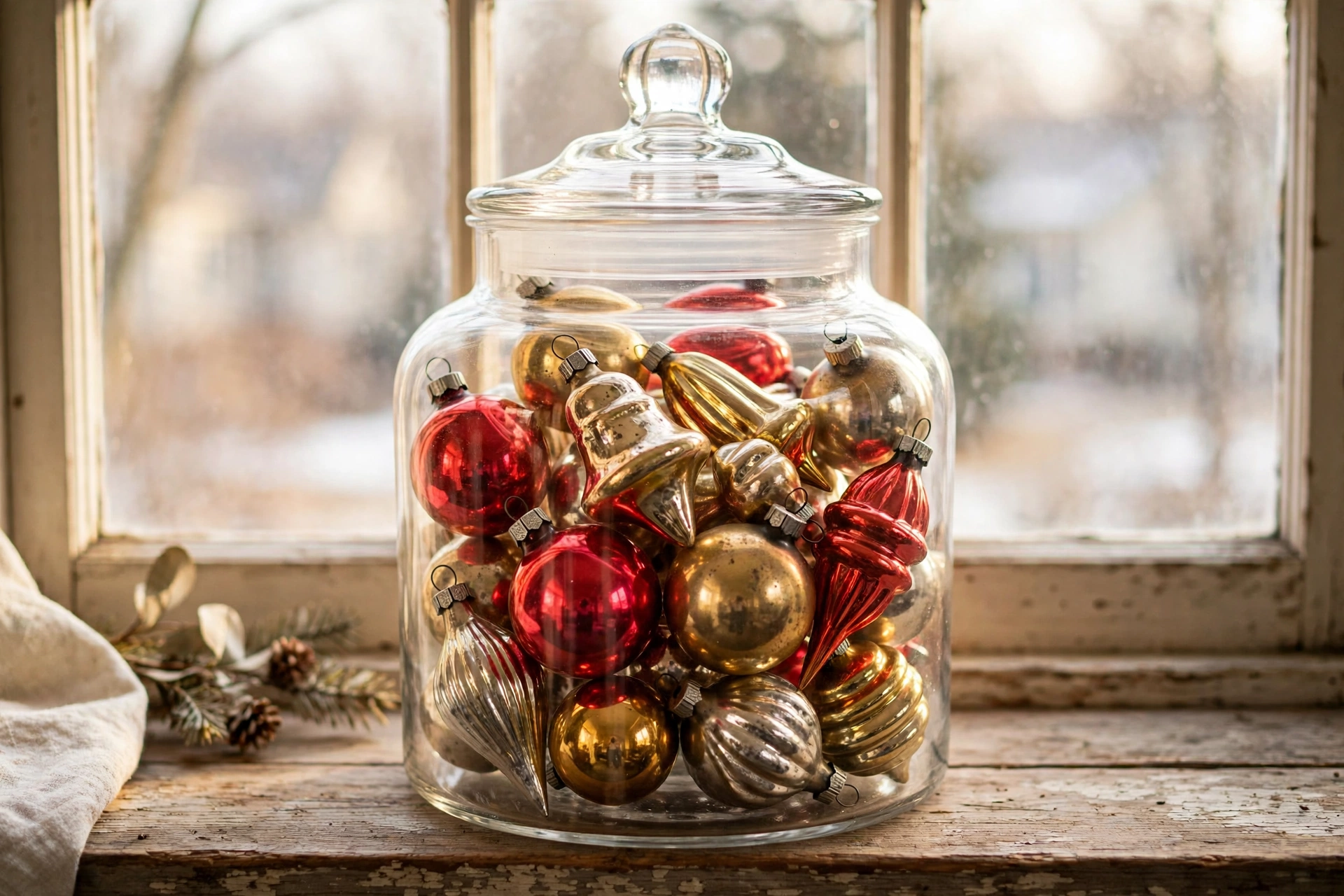 Classic Shiny Brite ornaments displayed in a glass apothecary jar