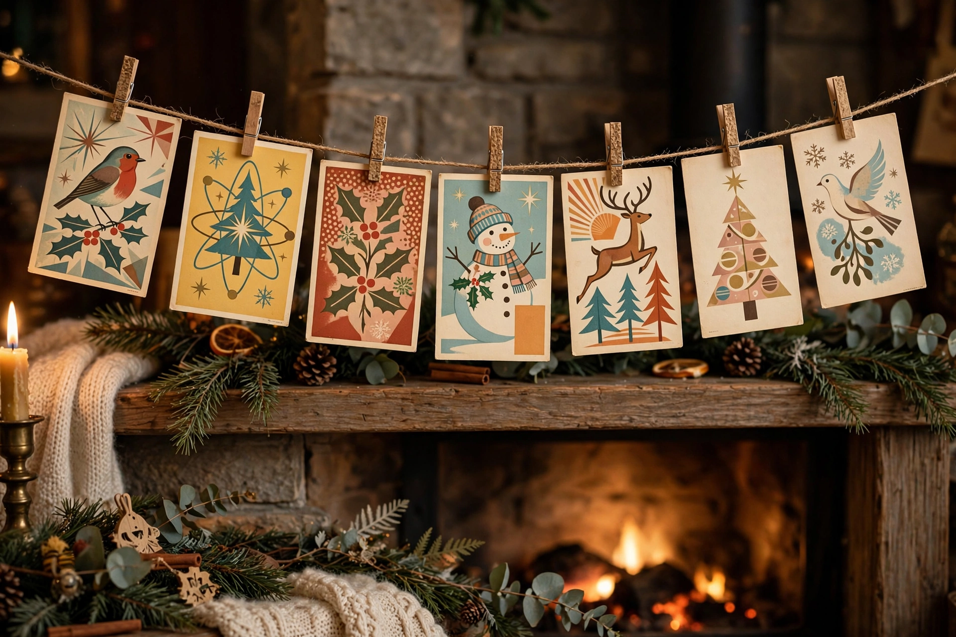 Vintage Christmas cards clipped to twine with mini clothespins as garland