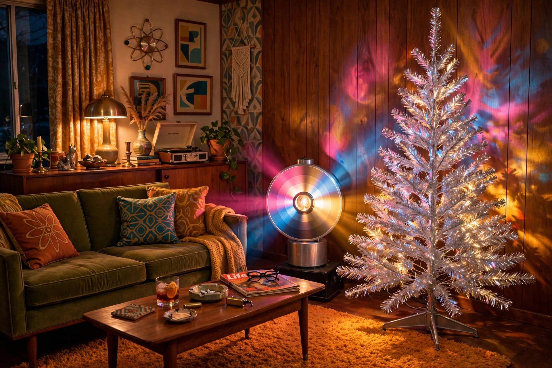 Silver aluminum Christmas tree with a rotating color wheel