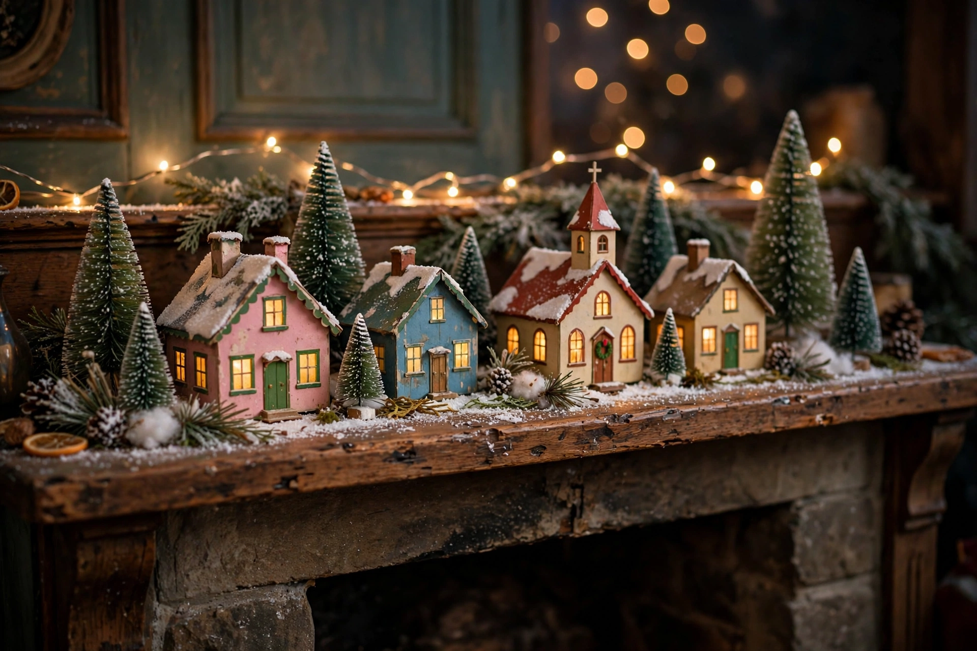 Vintage Putz house village with bottle-brush trees and faux snow on a mantel