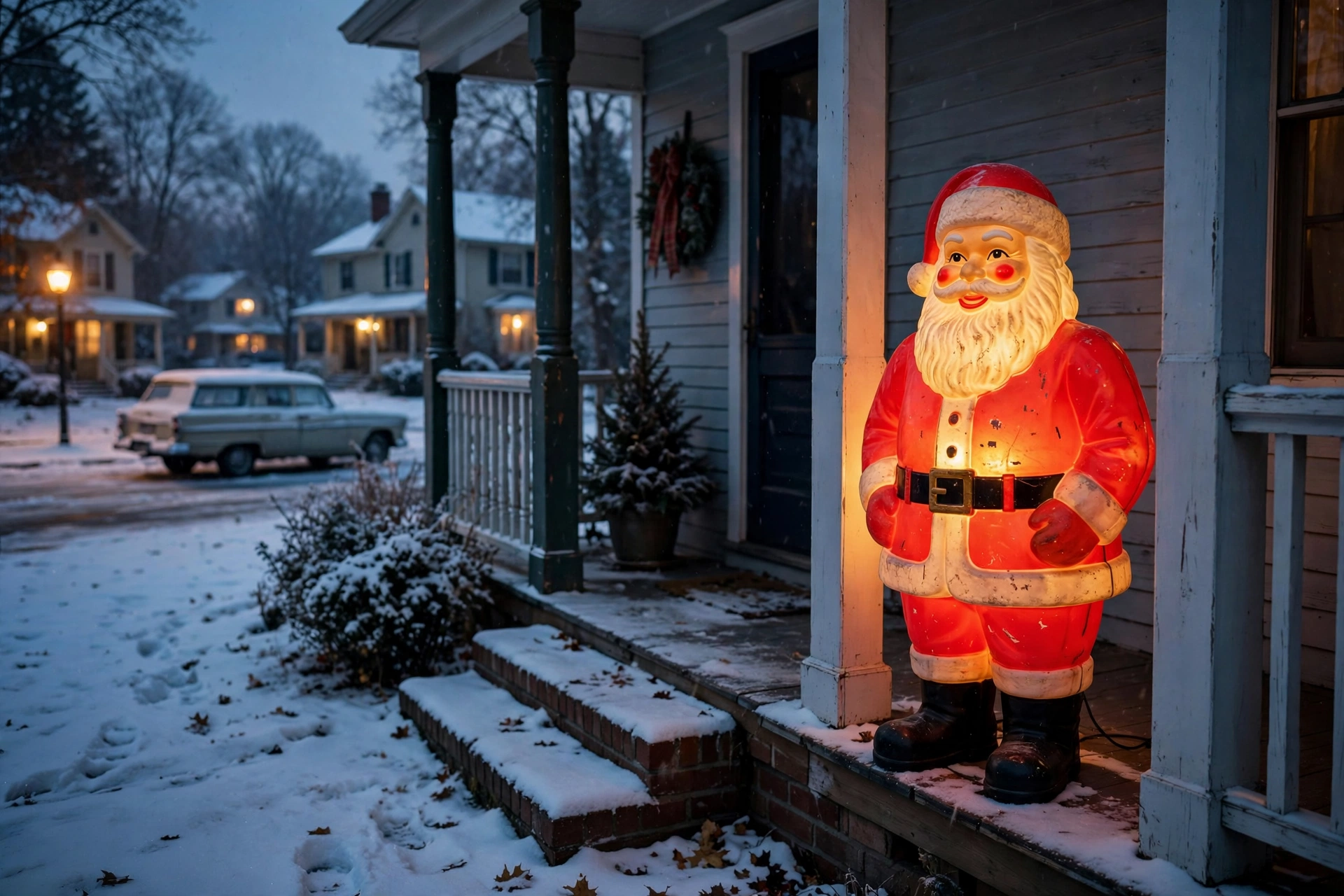 Retro blow-mold Santa glowing on a front porch at night