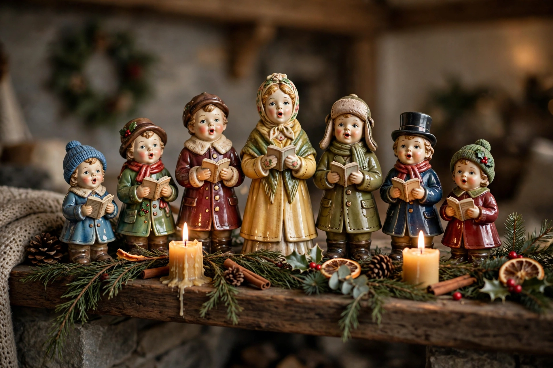 Vintage ceramic caroler figurines with tiny songbooks lined up on a mantel