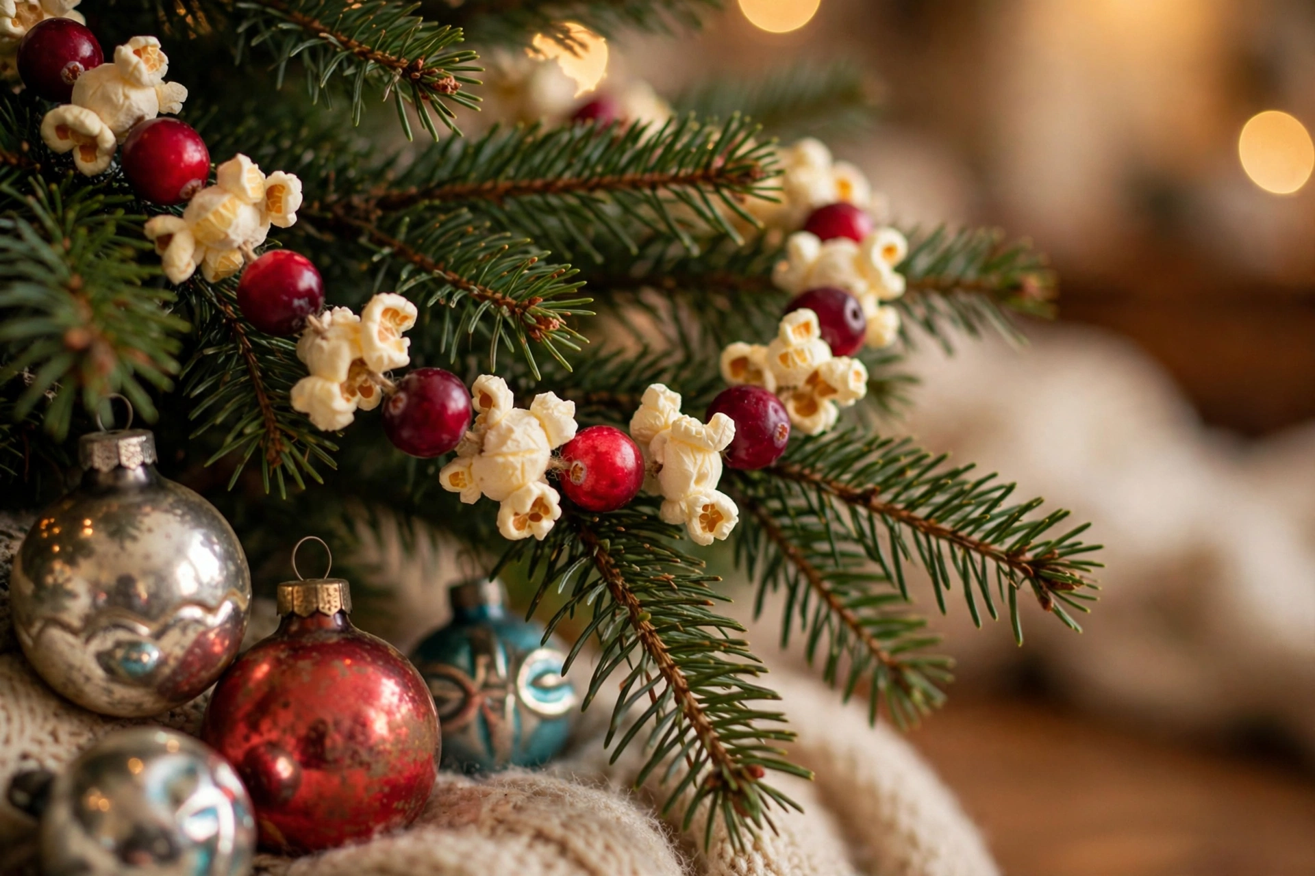 Old-fashioned popcorn and cranberry garland strung on a Christmas tree