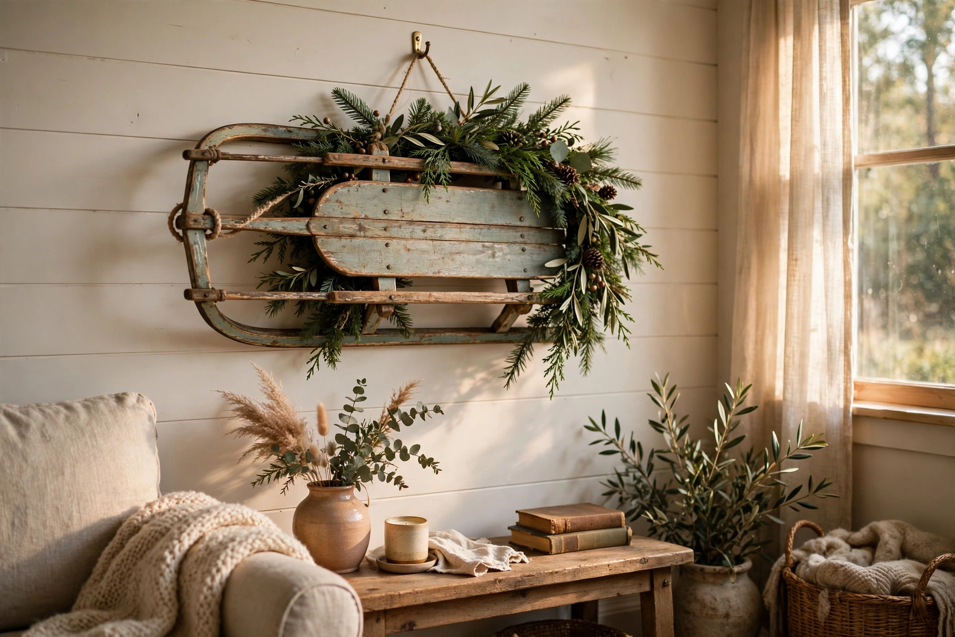 Vintage sled wall decor with a wreath and tucked greenery