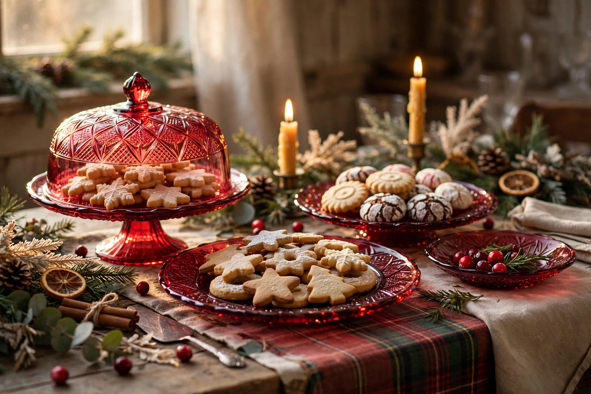 Holiday treats served on ruby red and forest green vintage depression glass