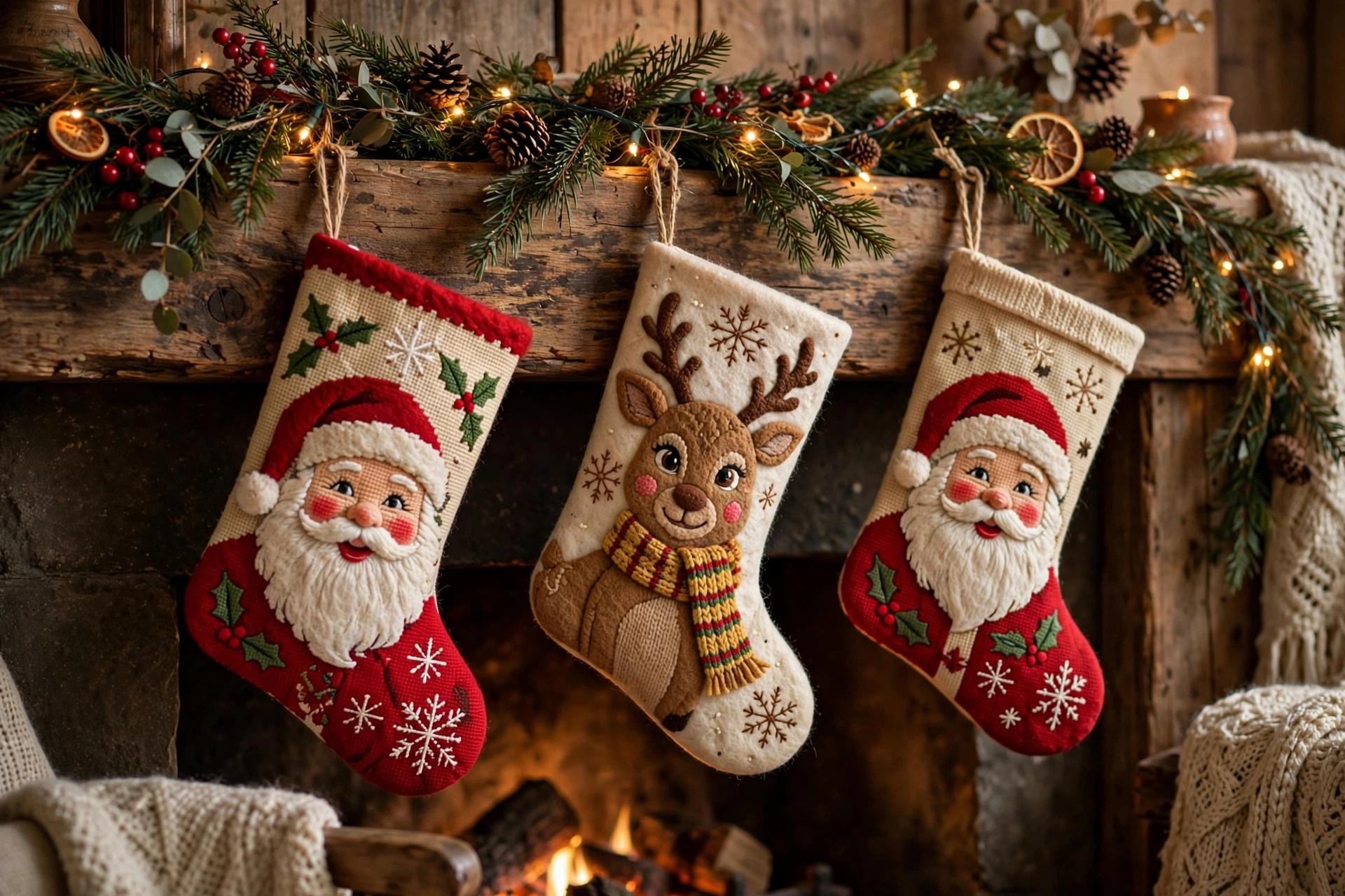 Retro needlepoint Christmas stockings with rosy-cheeked Santas hanging by the fireplace