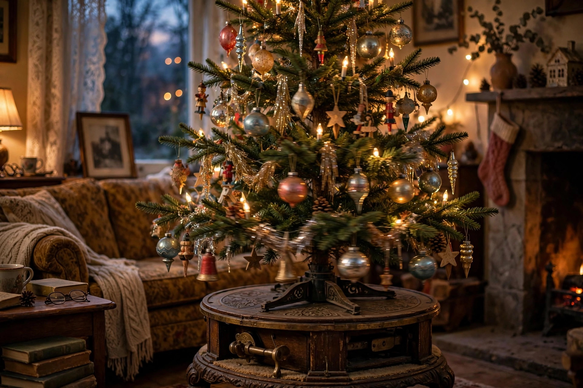Vintage revolving musical Christmas tree stand turning a decorated tree