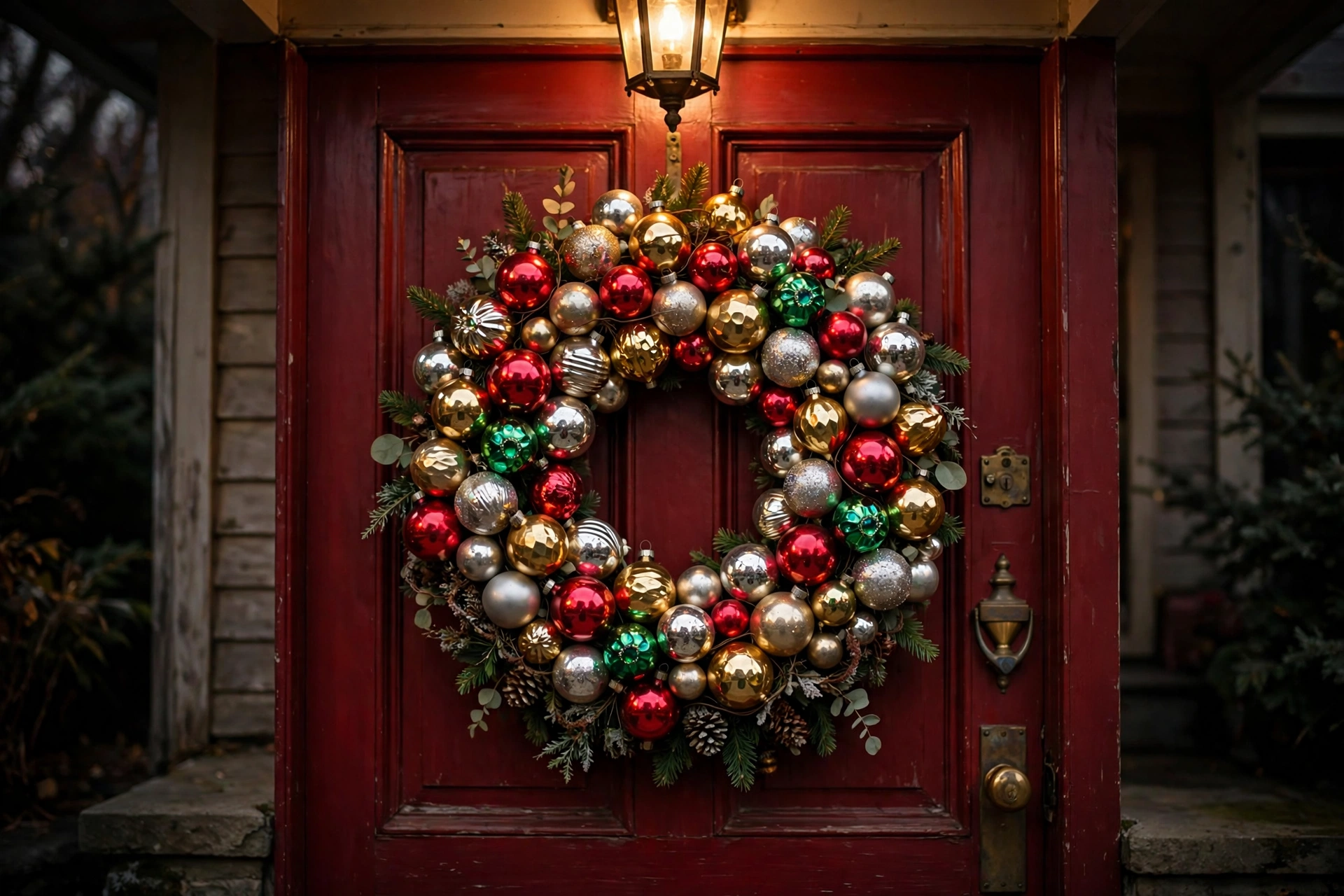 Lush wreath made of vintage ornaments hanging on a front door