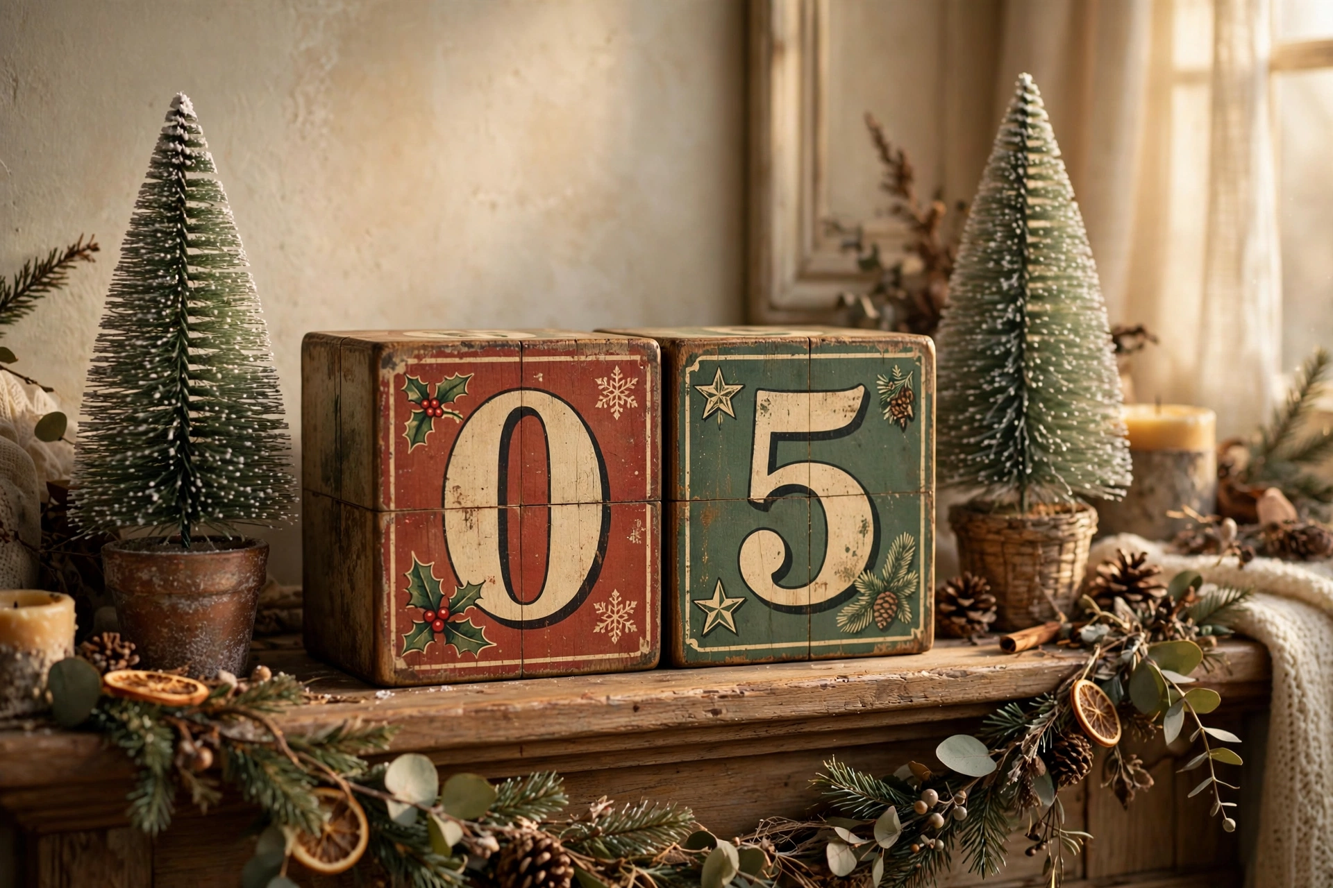 Wooden Christmas countdown blocks with vintage-style numbers on a mantel