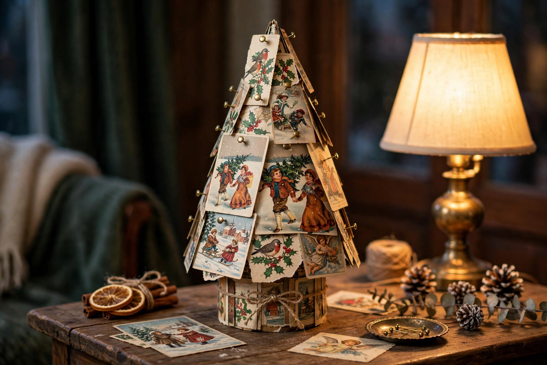 Small Christmas tree shaped from layered vintage postcards