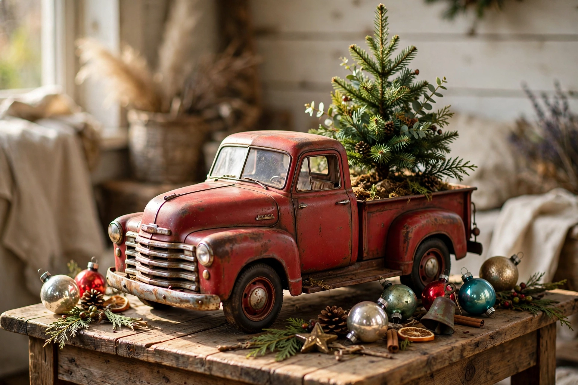 Little red vintage pickup truck carrying a Christmas tree as tabletop decor