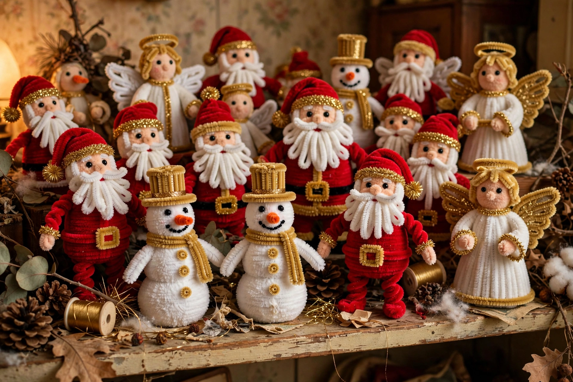 Collection of chenille Santa, snowman and angel figurines on a shelf