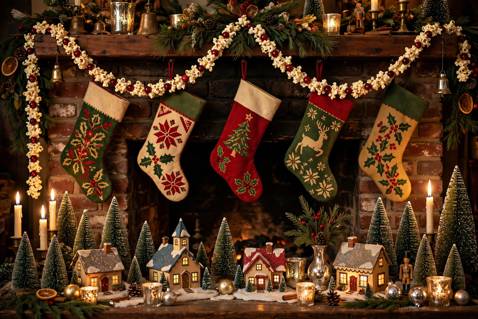Full vintage Christmas mantel with stockings, popcorn garland and mercury glass accents