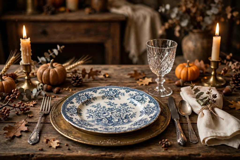 Heirloom china place settings with vintage floral transferware patterns on a Thanksgiving table
