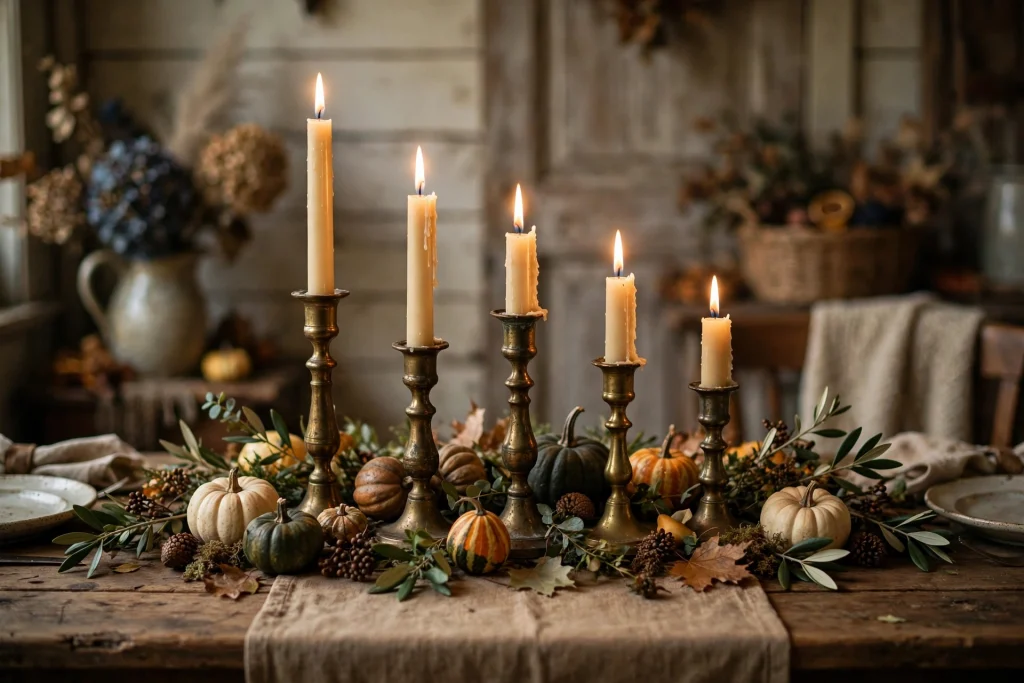 Tarnished brass candlesticks with cream taper candles glowing on a vintage Thanksgiving table