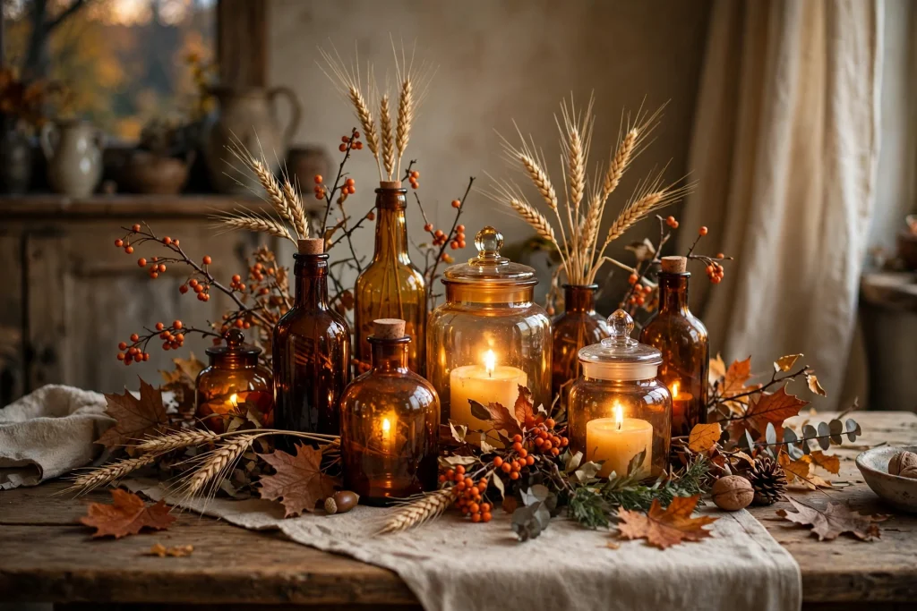 Amber glass bottles and vases glowing in candlelight as a vintage centerpiece