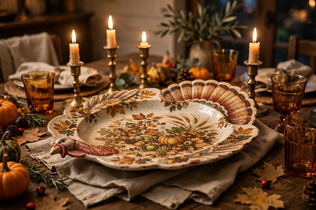 Antique turkey platter with harvest transferware design as a Thanksgiving centerpiece