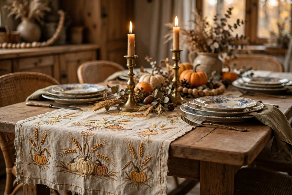 Retro embroidered harvest table runner with wheat sheaves and autumn leaves on a Thanksgiving table