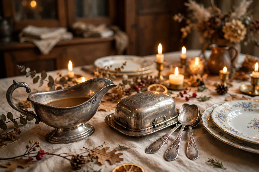 Antique silver serving pieces including a gravy boat and butter dish on the Thanksgiving table