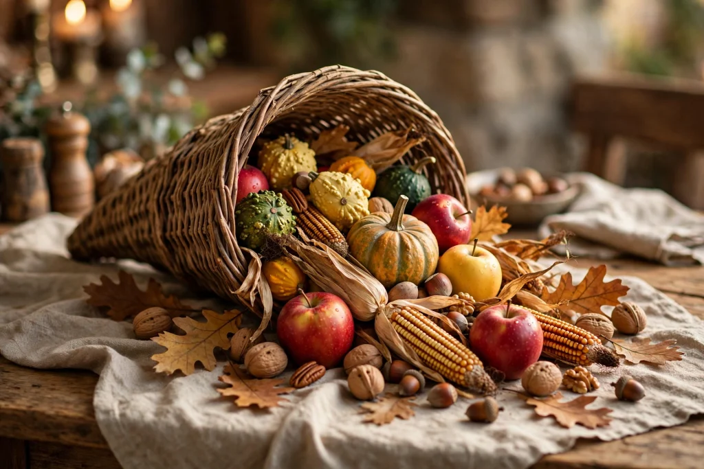 Woven wicker cornucopia overflowing with gourds, apples and dried corn as a Thanksgiving centerpiece