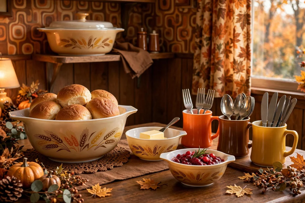 Retro harvest-patterned Pyrex bowls, Fire King mugs and speckled enamelware on a Thanksgiving table