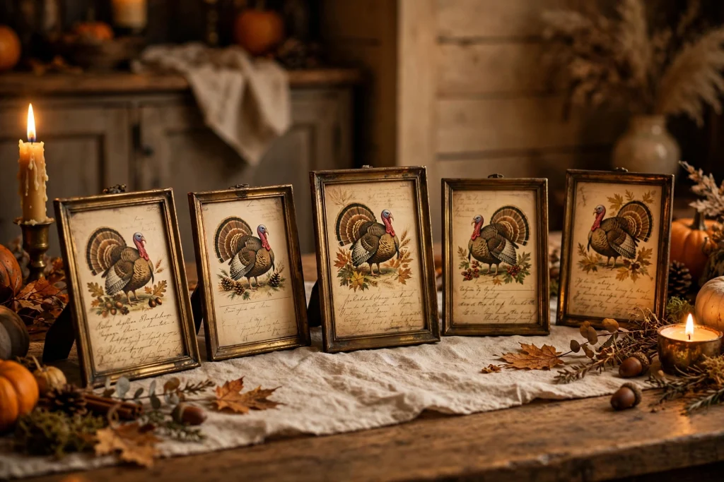 Framed vintage Thanksgiving postcards with turkey illustrations and handwritten greetings