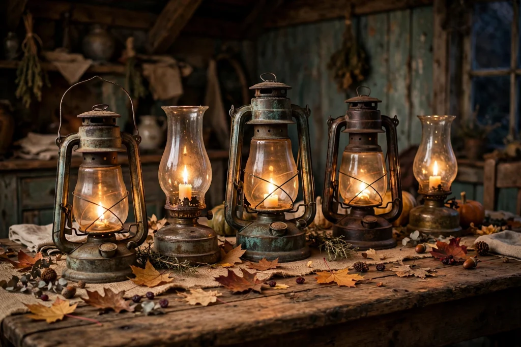 Antique oil lanterns and hurricane lamps glowing with candles on the Thanksgiving table