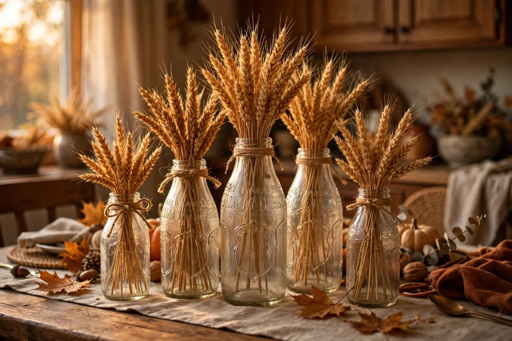 Vintage glass milk bottles with dried wheat stalks tied with twine and plaid ribbon