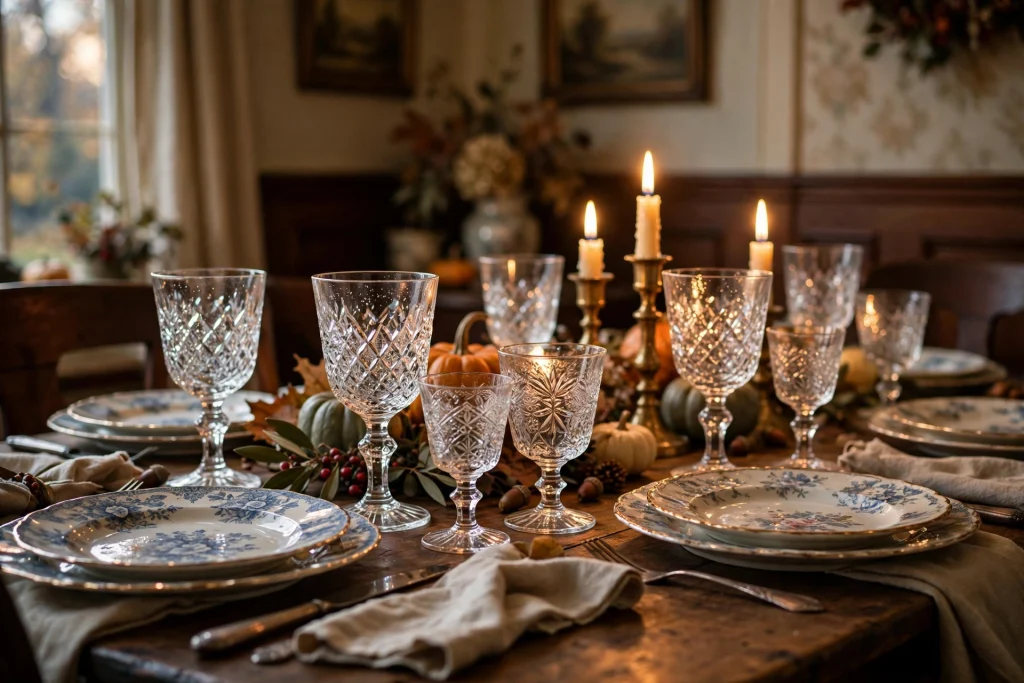 Heirloom cut-crystal goblets and sherbet glasses sparkling in candlelight on the Thanksgiving table