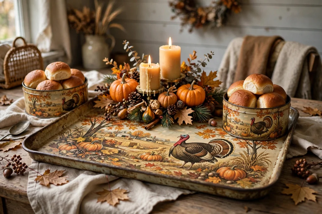 Retro autumn tin trays with harvest scenes used as Thanksgiving serving pieces