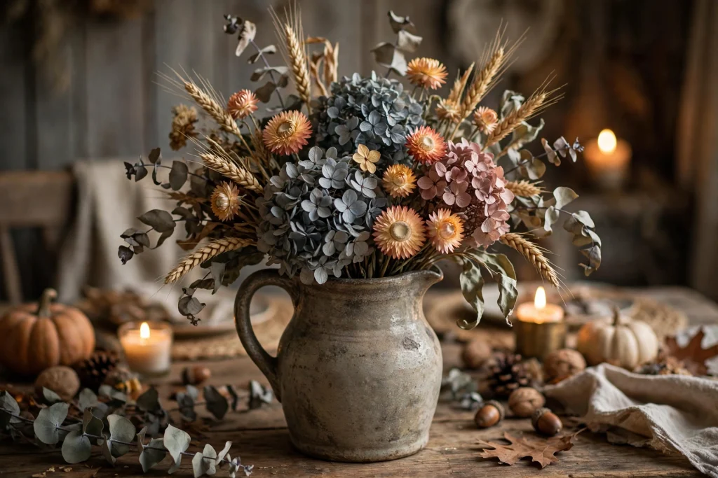 Old-fashioned dried flower arrangement with wheat, hydrangeas and eucalyptus in an antique pitcher