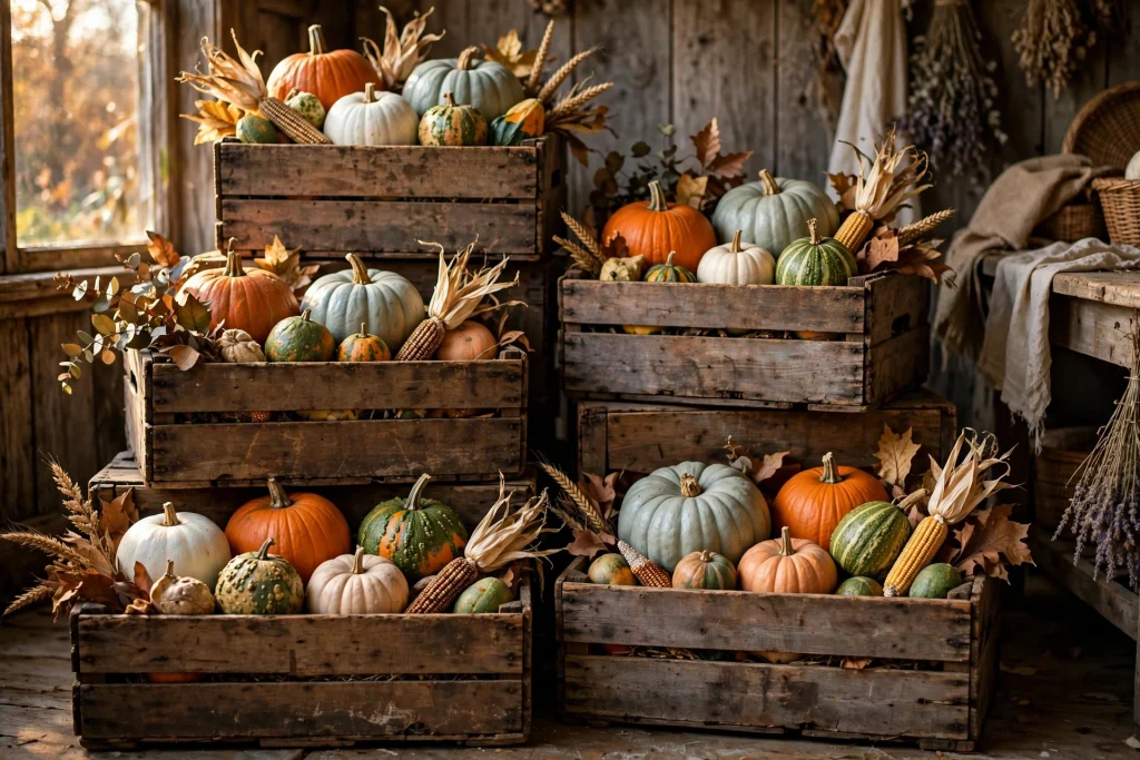 Antique wooden crates with stenciled labels filled with pumpkins, gourds and dried corn