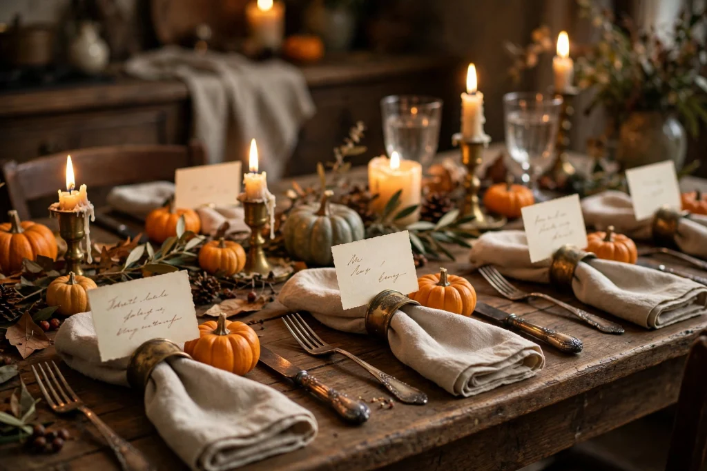 Handwritten place cards in careful script on vintage cream cards at each Thanksgiving place setting